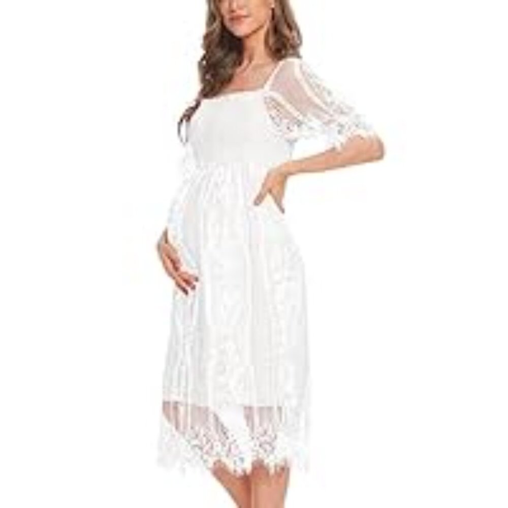 Maternity Midi White Lace Dress - For Babymoon, Photoshoots, Shower, or Wedding